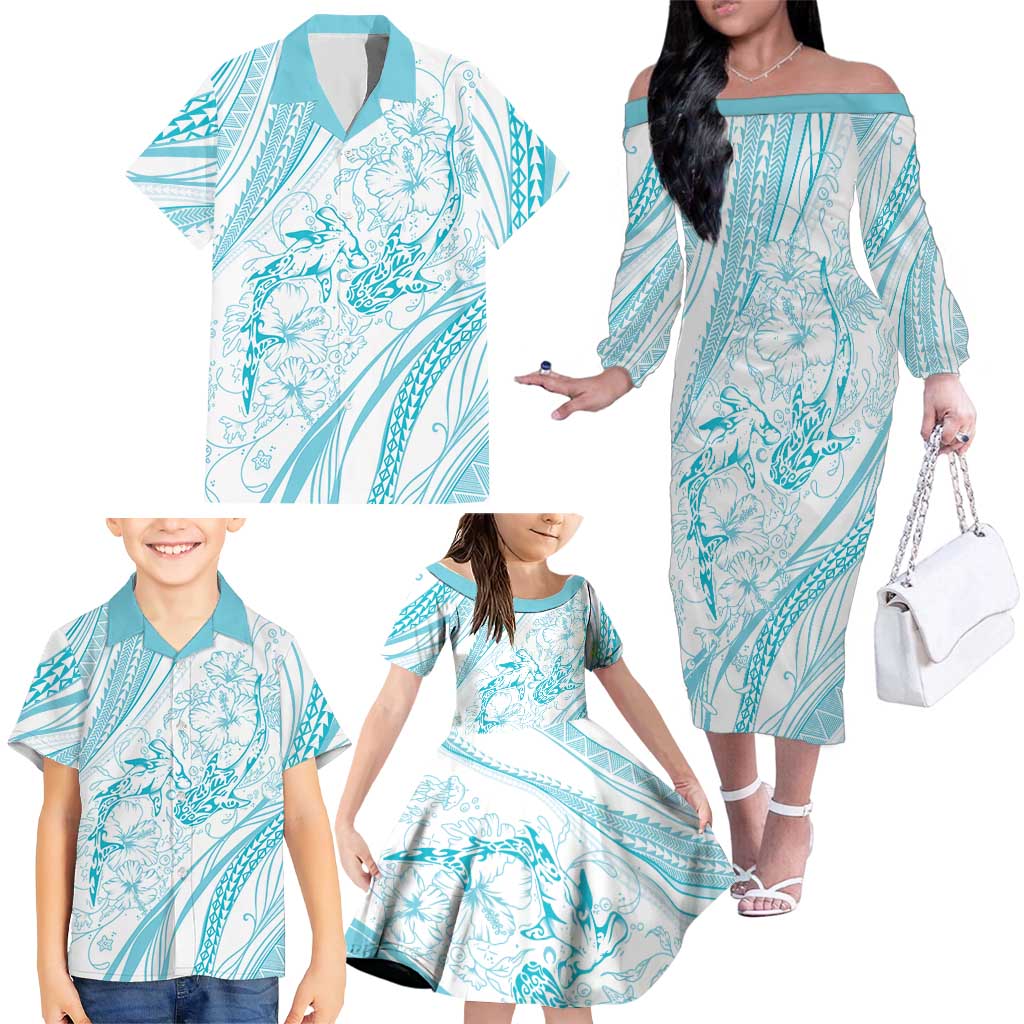 Sharks Couple Dreamy Polynesians Floral Sea Family Matching Off The Shoulder Long Sleeve Dress and Hawaiian Shirt Turquoise LT7 - Polynesian Pride