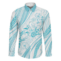 Sharks Couple Dreamy Polynesians Floral Sea Family Matching Off The Shoulder Long Sleeve Dress and Hawaiian Shirt Turquoise LT7 Dad's Shirt - Long Sleeve Turquoise - Polynesian Pride