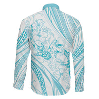 Sharks Couple Dreamy Polynesians Floral Sea Family Matching Off The Shoulder Long Sleeve Dress and Hawaiian Shirt Turquoise LT7 - Polynesian Pride