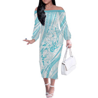 Sharks Couple Dreamy Polynesians Floral Sea Family Matching Off The Shoulder Long Sleeve Dress and Hawaiian Shirt Turquoise LT7 Mom's Dress Turquoise - Polynesian Pride