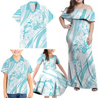 Sharks Couple Dreamy Polynesians Floral Sea Family Matching Off Shoulder Maxi Dress and Hawaiian Shirt Turquoise LT7 - Polynesian Pride