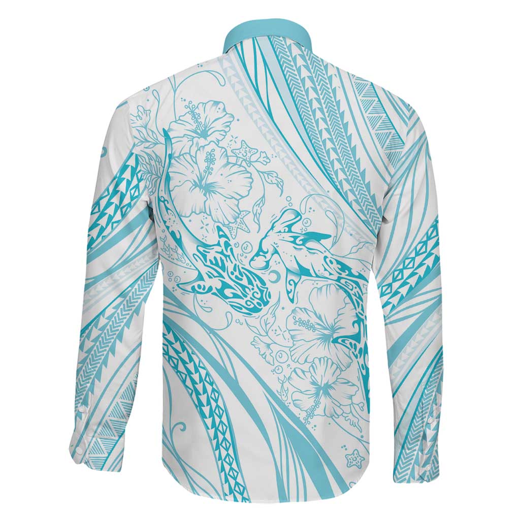 Sharks Couple Dreamy Polynesians Floral Sea Family Matching Off Shoulder Maxi Dress and Hawaiian Shirt Turquoise LT7 - Polynesian Pride