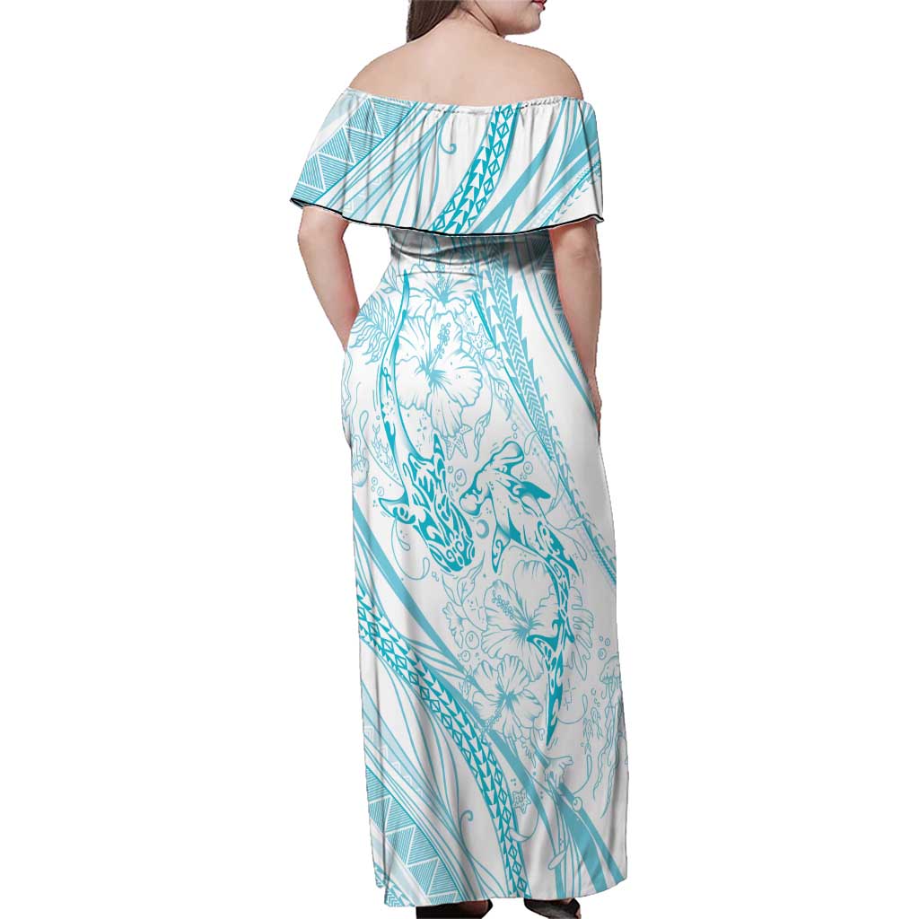 Sharks Couple Dreamy Polynesians Floral Sea Family Matching Off Shoulder Maxi Dress and Hawaiian Shirt Turquoise LT7 - Polynesian Pride