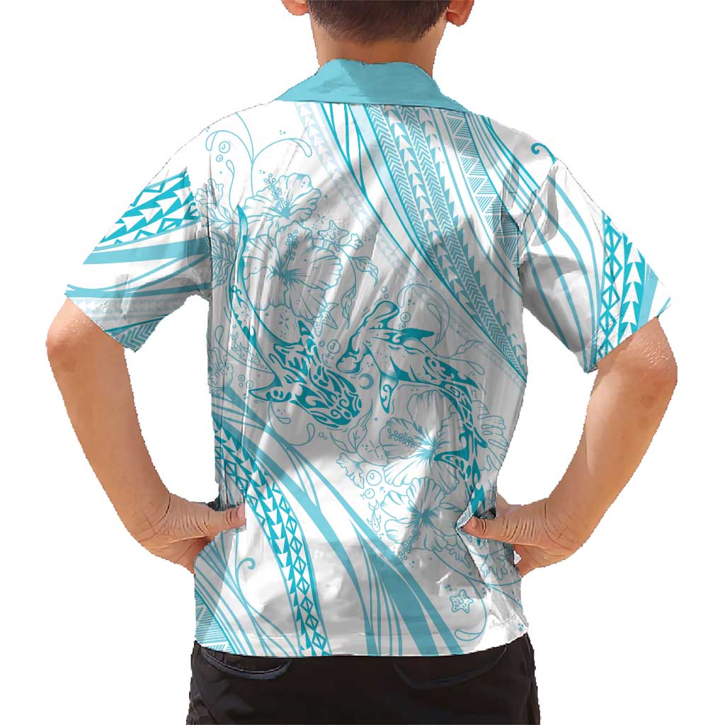Sharks Couple Dreamy Polynesians Floral Sea Family Matching Off Shoulder Short Dress and Hawaiian Shirt Turquoise LT7 - Polynesian Pride