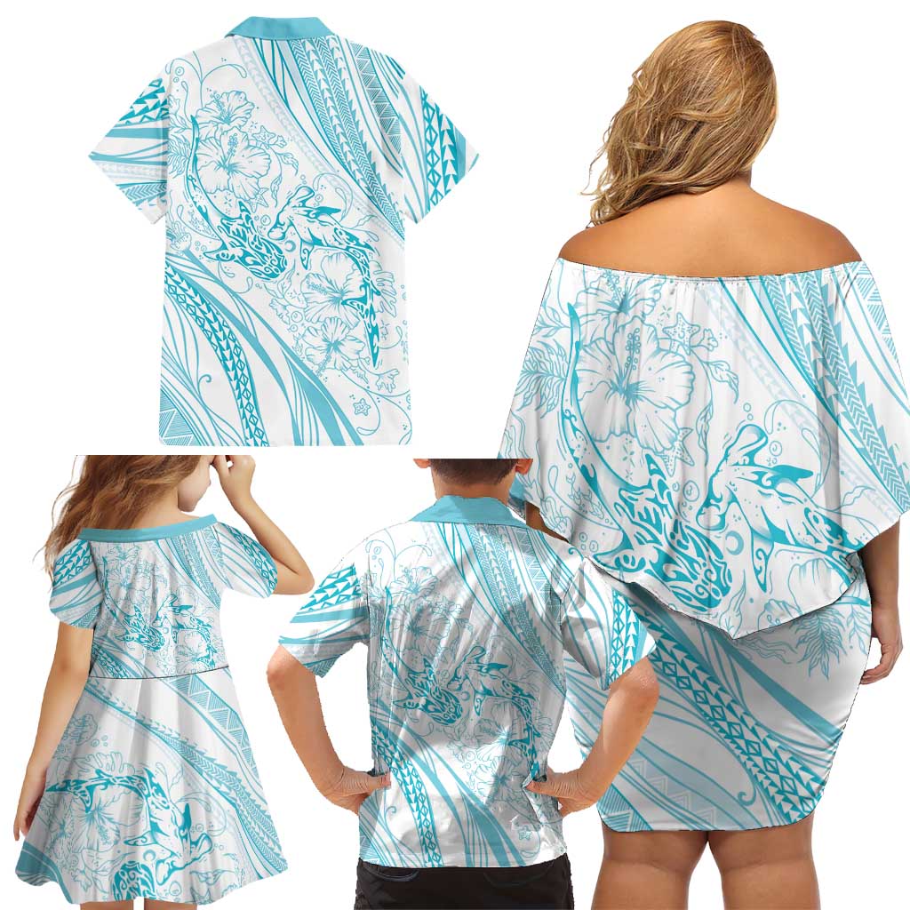 Sharks Couple Dreamy Polynesians Floral Sea Family Matching Off Shoulder Short Dress and Hawaiian Shirt Turquoise LT7 - Polynesian Pride