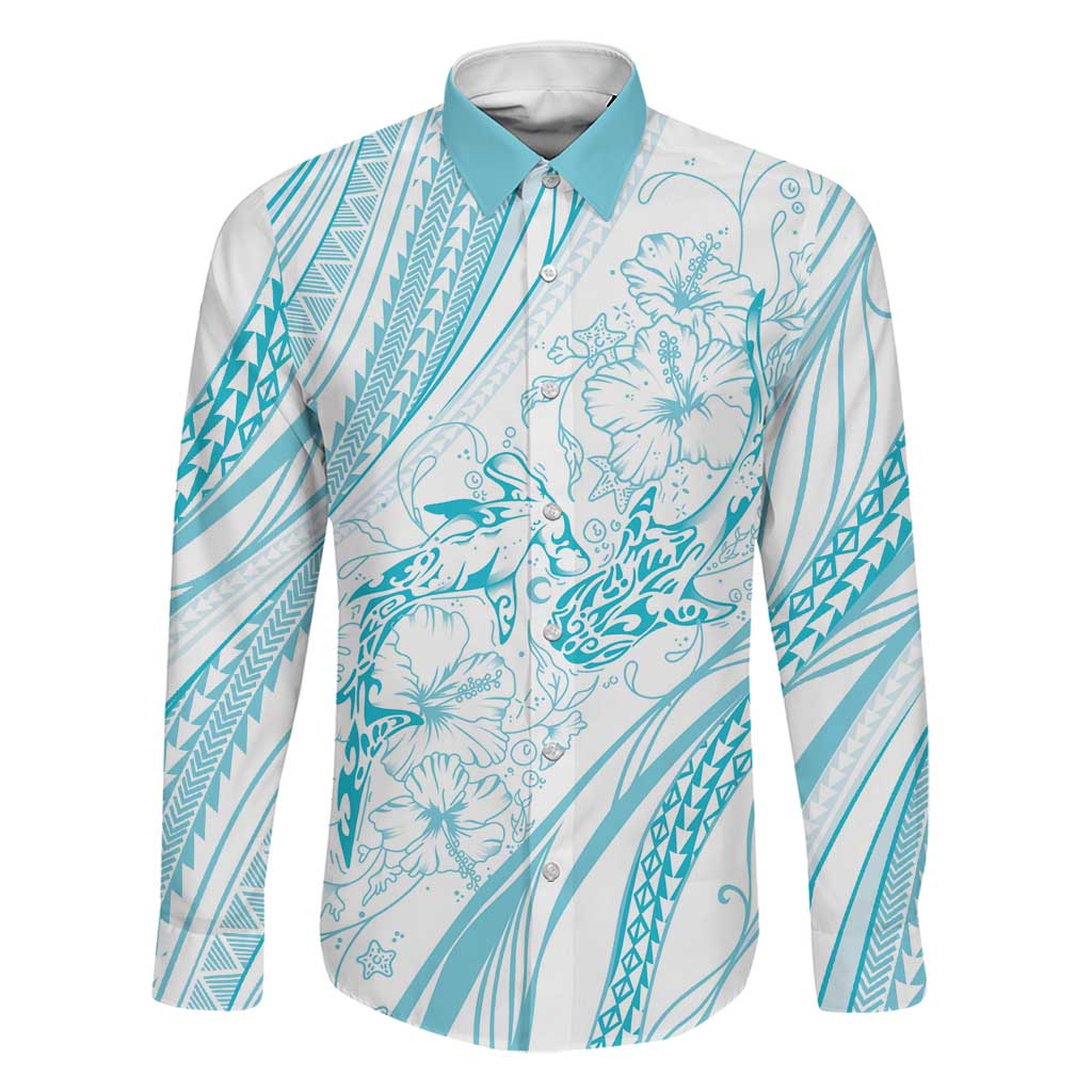 Sharks Couple Dreamy Polynesians Floral Sea Family Matching Puletasi and Hawaiian Shirt Turquoise LT7 Dad's Shirt - Long Sleeve Turquoise - Polynesian Pride