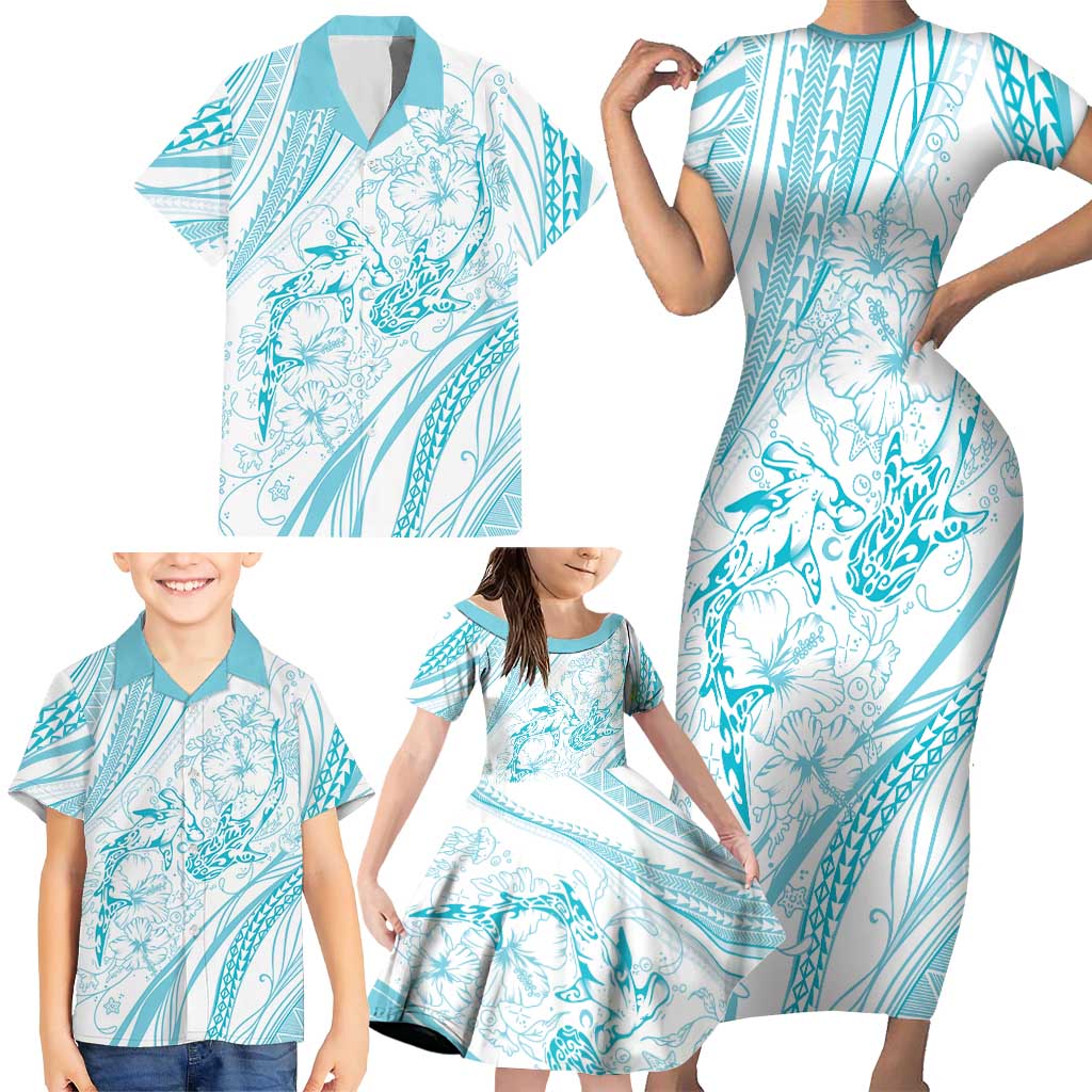 Sharks Couple Dreamy Polynesians Floral Sea Family Matching Short Sleeve Bodycon Dress and Hawaiian Shirt Turquoise - Polynesian Pride