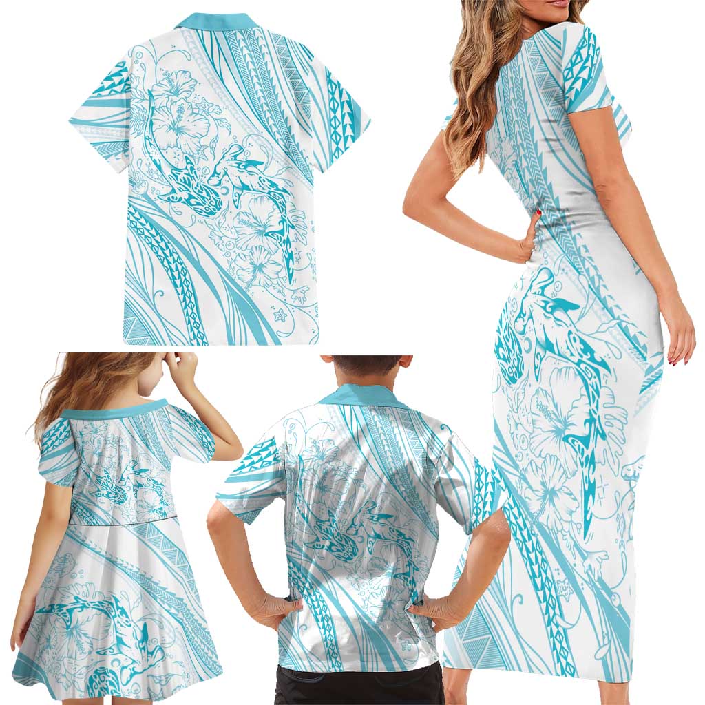 Sharks Couple Dreamy Polynesians Floral Sea Family Matching Short Sleeve Bodycon Dress and Hawaiian Shirt Turquoise LT7 - Polynesian Pride
