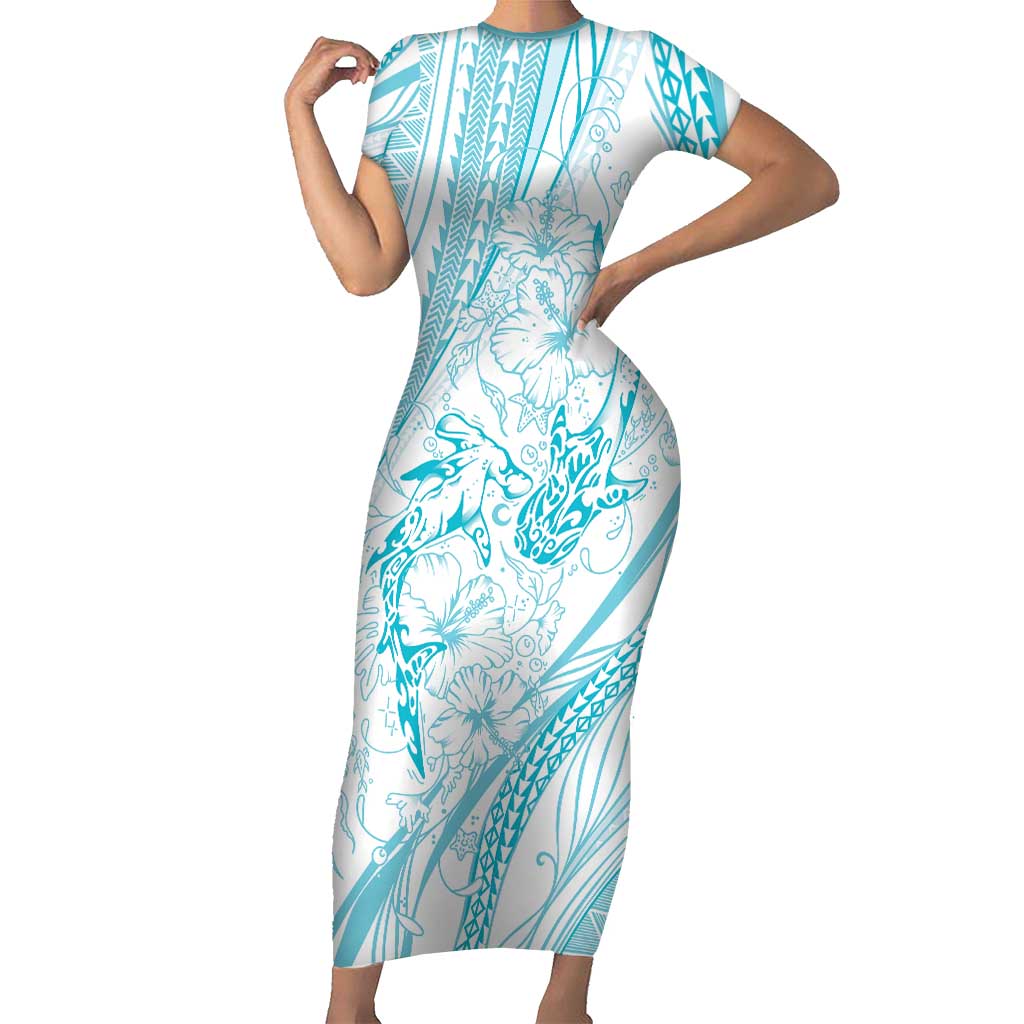 Sharks Couple Dreamy Polynesians Floral Sea Family Matching Short Sleeve Bodycon Dress and Hawaiian Shirt Turquoise LT7 Mom's Dress Turquoise - Polynesian Pride