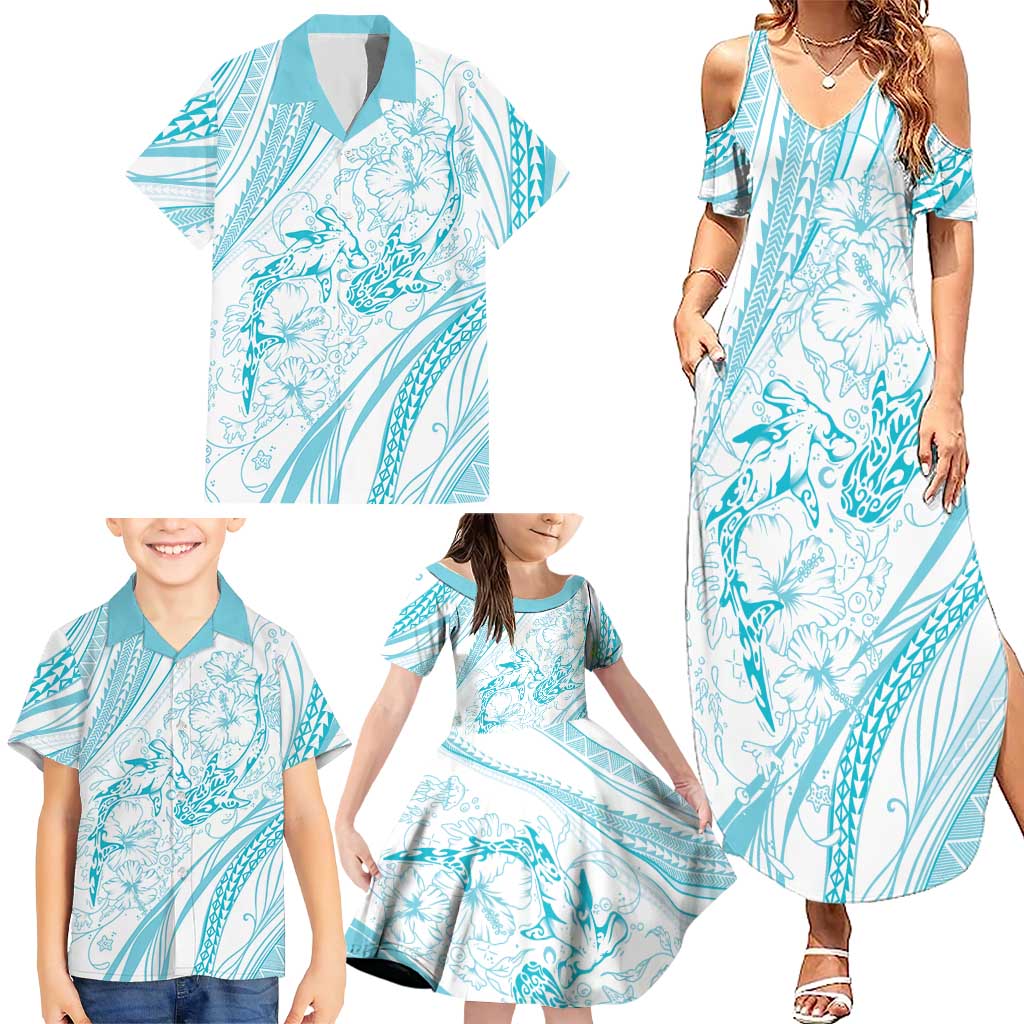 Sharks Couple Dreamy Polynesians Floral Sea Family Matching Summer Maxi Dress and Hawaiian Shirt Turquoise LT7 - Polynesian Pride
