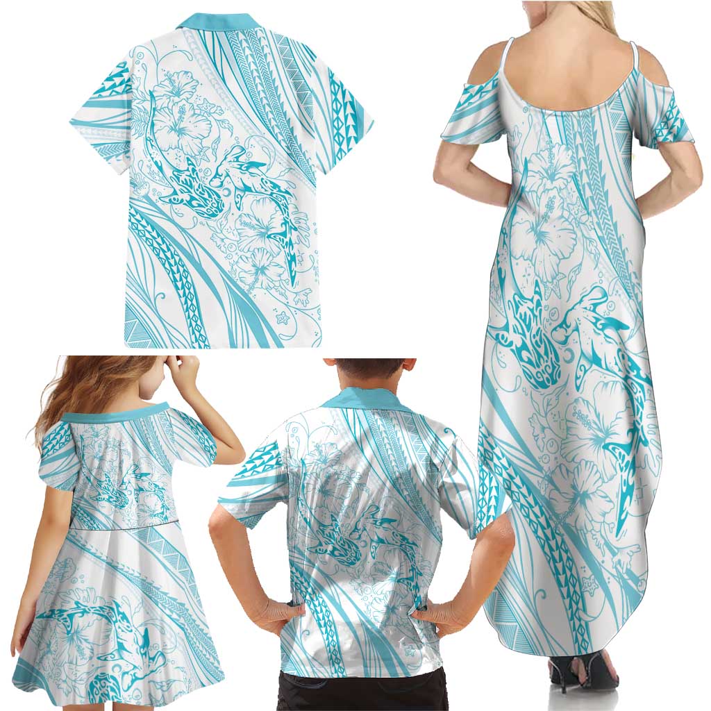 Sharks Couple Dreamy Polynesians Floral Sea Family Matching Summer Maxi Dress and Hawaiian Shirt Turquoise LT7 - Polynesian Pride