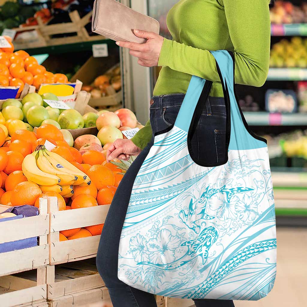 Sharks Couple Dreamy Polynesians Floral Sea Grocery Bag Turquoise - Polynesian Pride