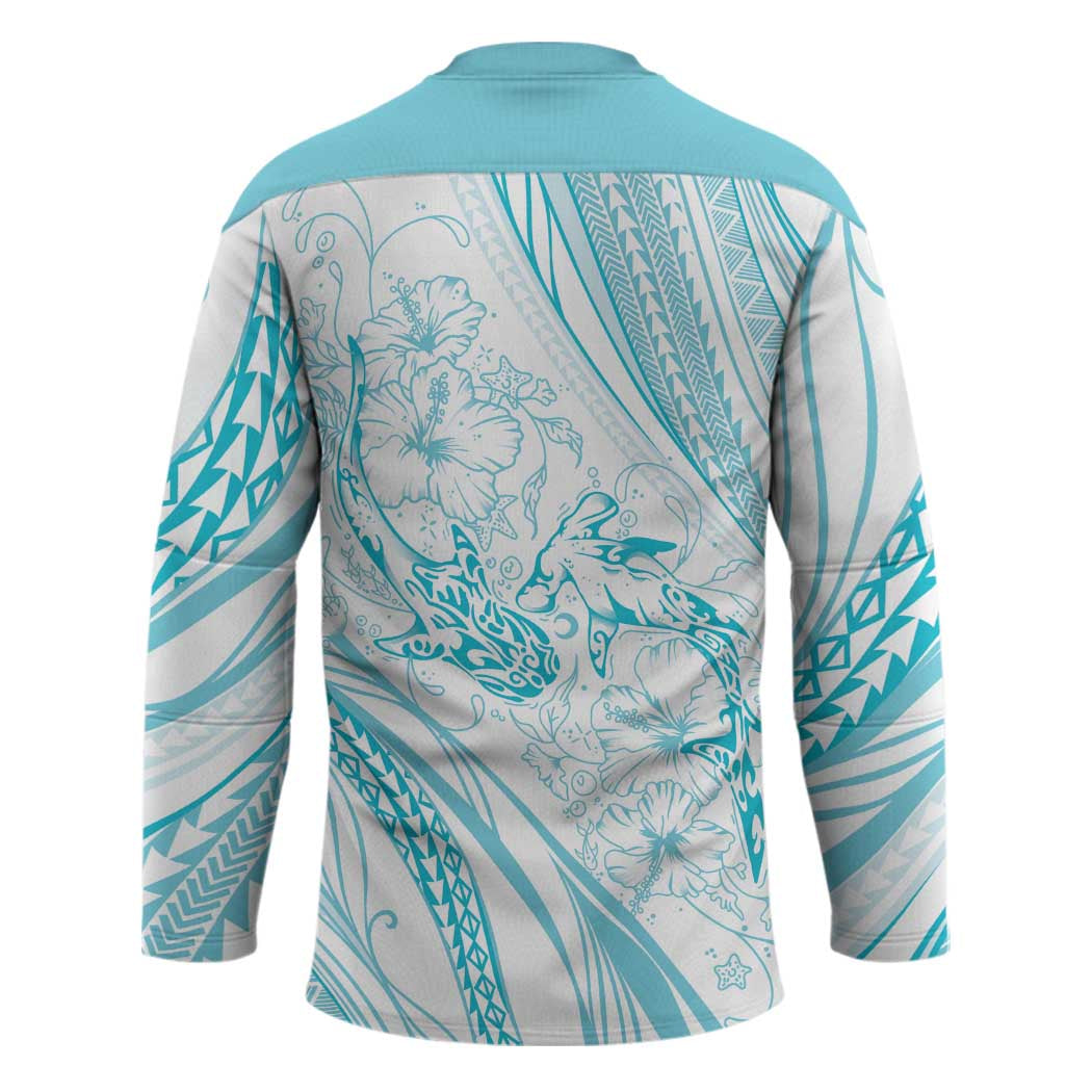 Sharks Couple Dreamy Polynesians Floral Sea Hockey Jersey Turquoise - Polynesian Pride