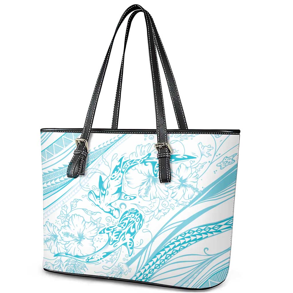 Sharks Couple Dreamy Polynesians Floral Sea Leather Tote Bag Turquoise - Polynesian Pride