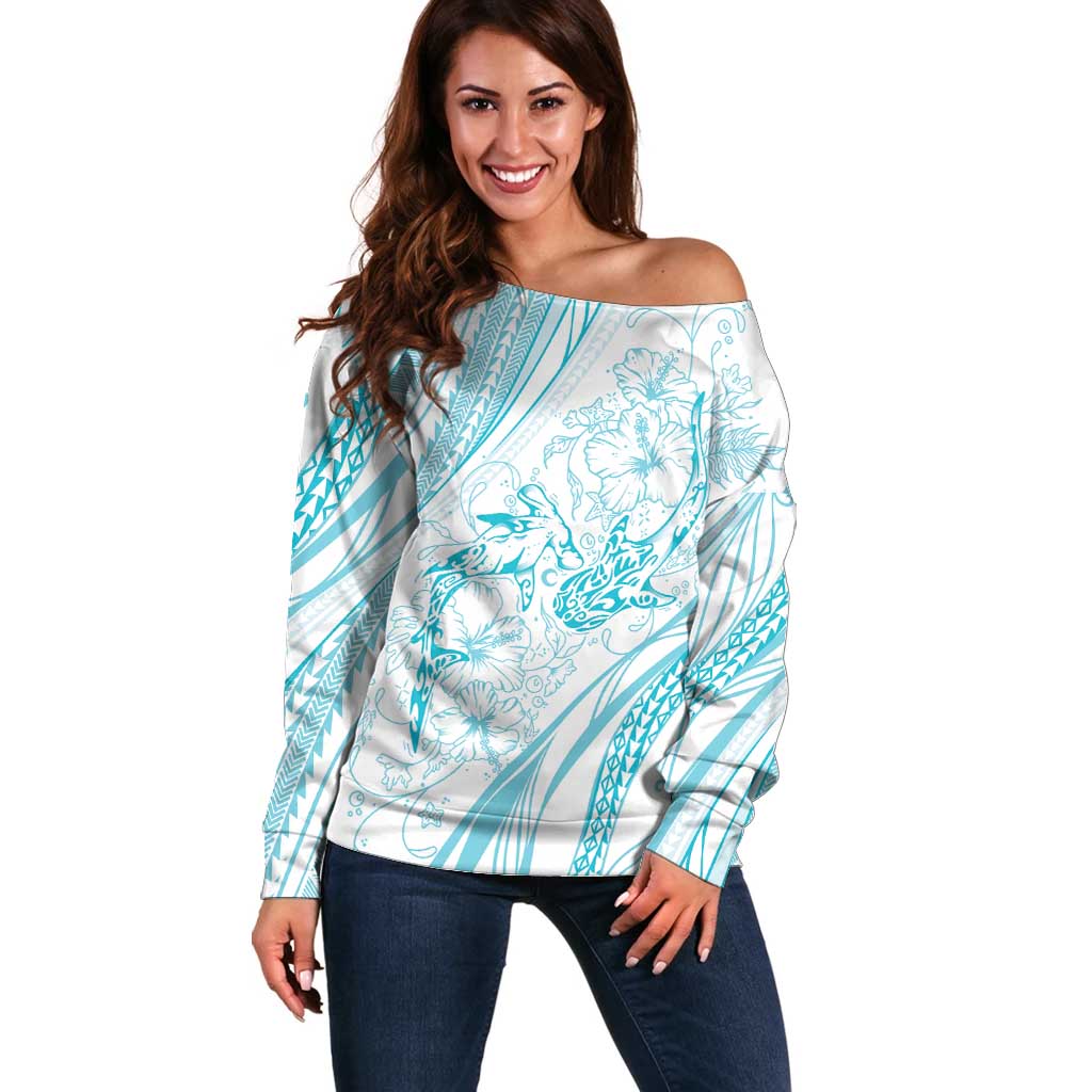 Sharks Couple Dreamy Polynesians Floral Sea Off Shoulder Sweater Turquoise - Polynesian Pride