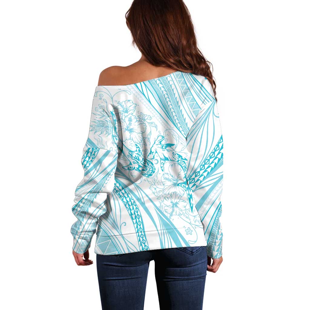 Sharks Couple Dreamy Polynesians Floral Sea Off Shoulder Sweater Turquoise - Polynesian Pride