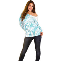 Sharks Couple Dreamy Polynesians Floral Sea Off Shoulder Sweater Turquoise - Polynesian Pride
