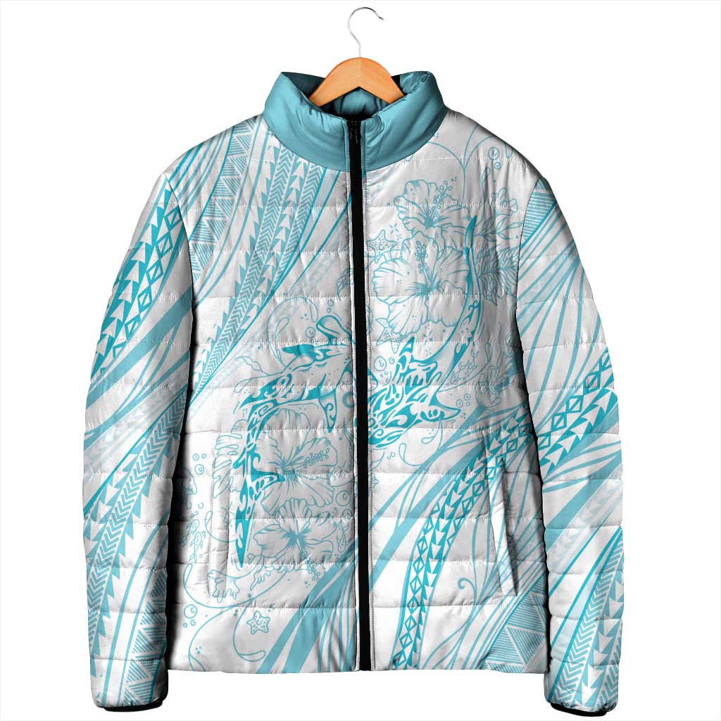 Sharks Couple Dreamy Polynesians Floral Sea Padded Jacket Turquoise - Polynesian Pride