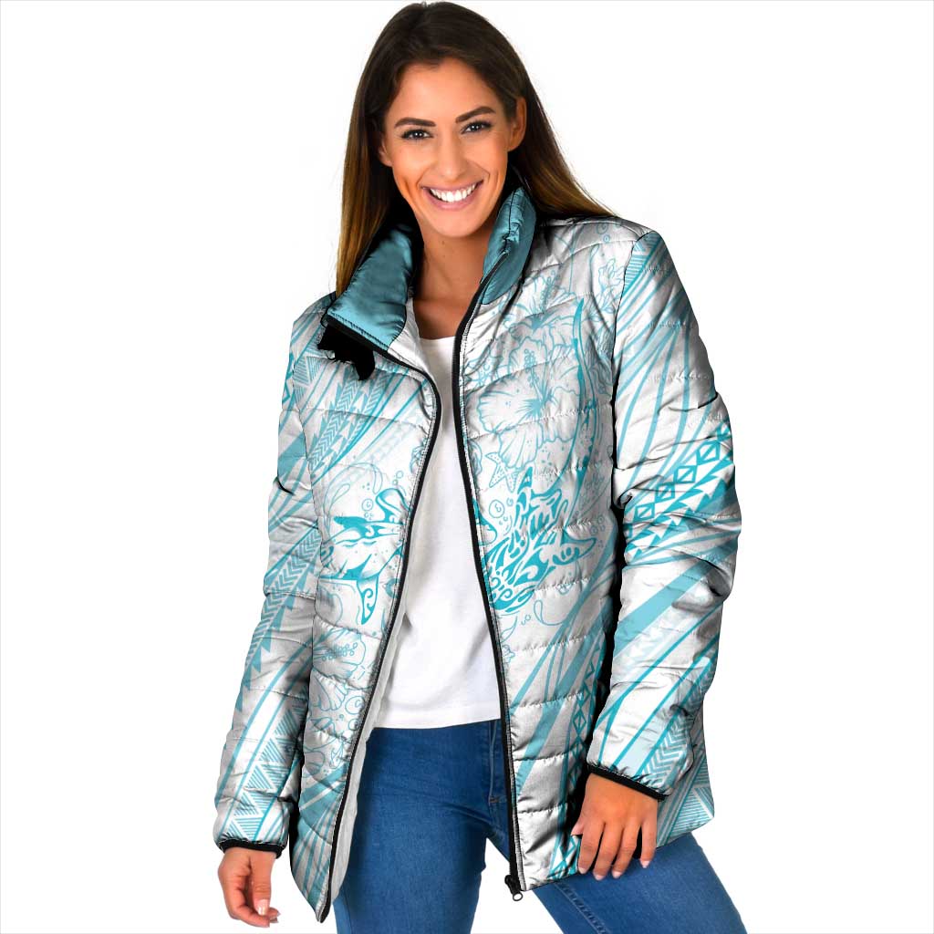 Sharks Couple Dreamy Polynesians Floral Sea Padded Jacket Turquoise - Polynesian Pride