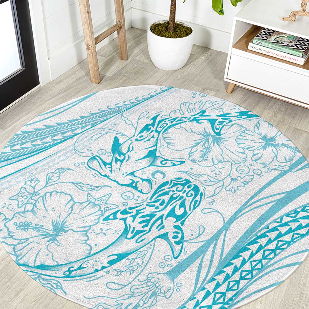 Sharks Couple Dreamy Polynesians Floral Sea Round Carpet Turquoise - Polynesian Pride