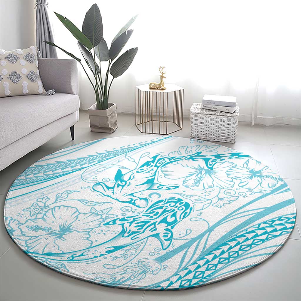 Sharks Couple Dreamy Polynesians Floral Sea Round Carpet Turquoise - Polynesian Pride