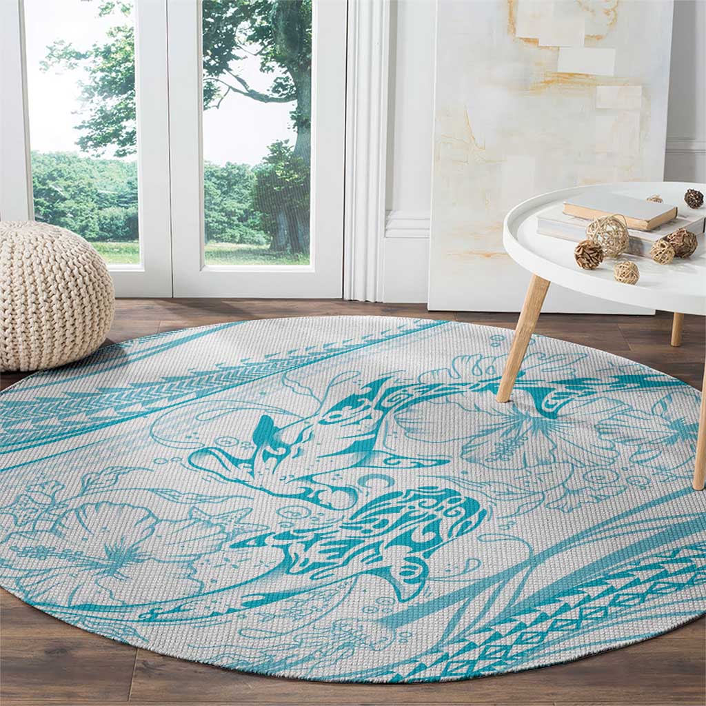 Sharks Couple Dreamy Polynesians Floral Sea Round Carpet Turquoise - Polynesian Pride