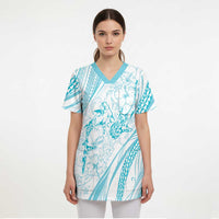 Sharks Couple Dreamy Polynesians Floral Sea Scrub Top Turquoise - Polynesian Pride
