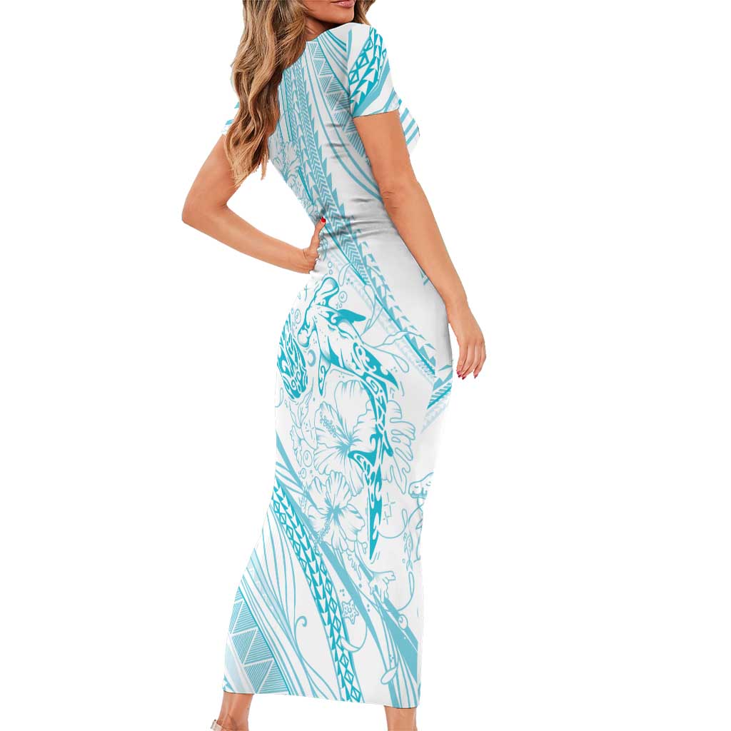 Sharks Couple Dreamy Polynesians Floral Sea Short Sleeve Bodycon Dress Turquoise - Polynesian Pride