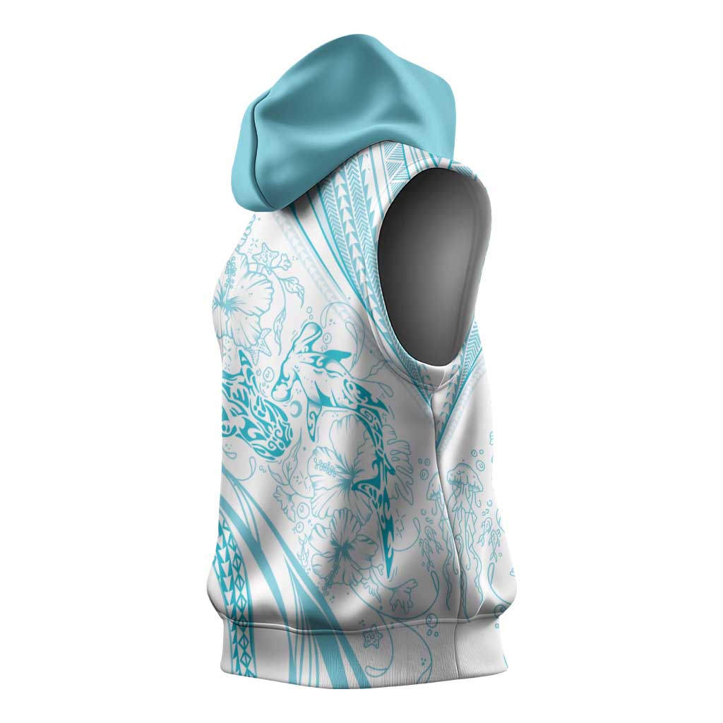 Sharks Couple Dreamy Polynesians Floral Sea Sleeveless Hoodie Turquoise - Polynesian Pride