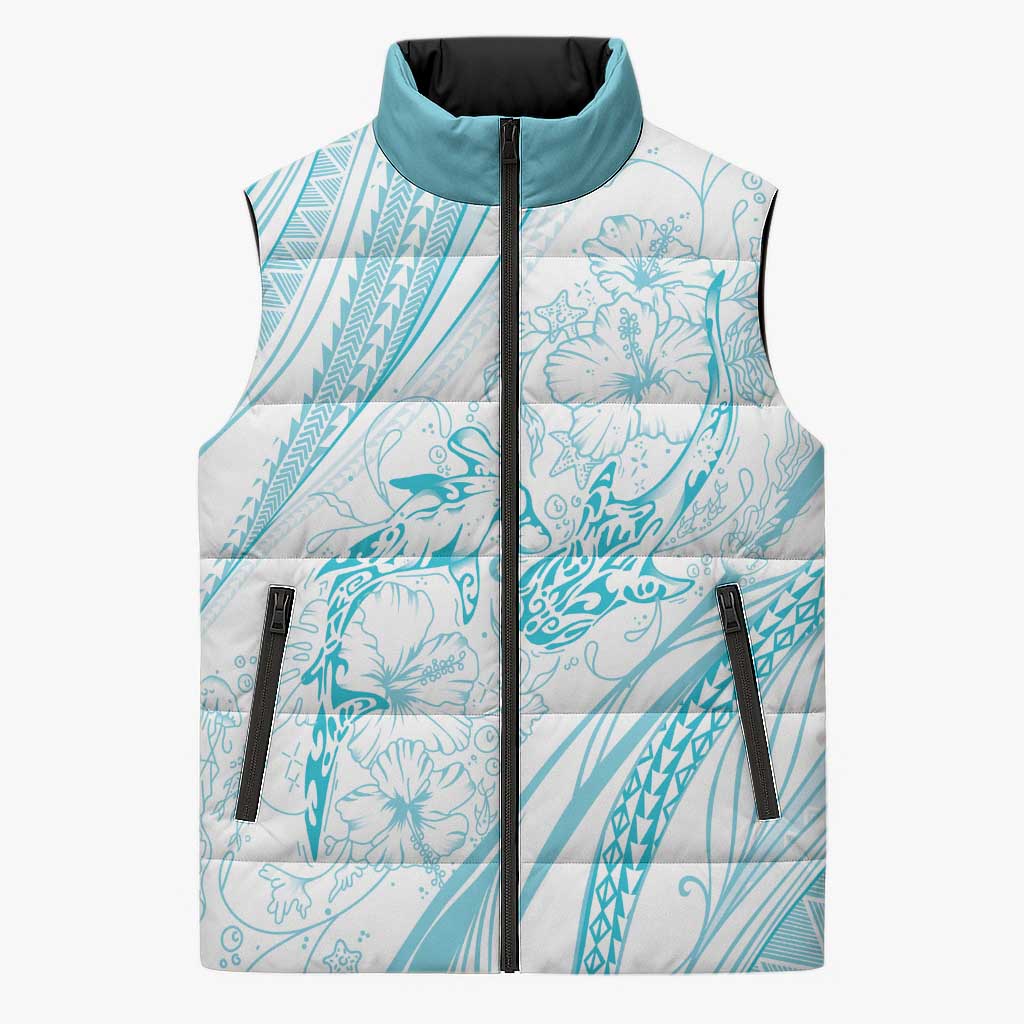 Sharks Couple Dreamy Polynesians Floral Sea Sleeveless Puffer Jacket Turquoise - Polynesian Pride