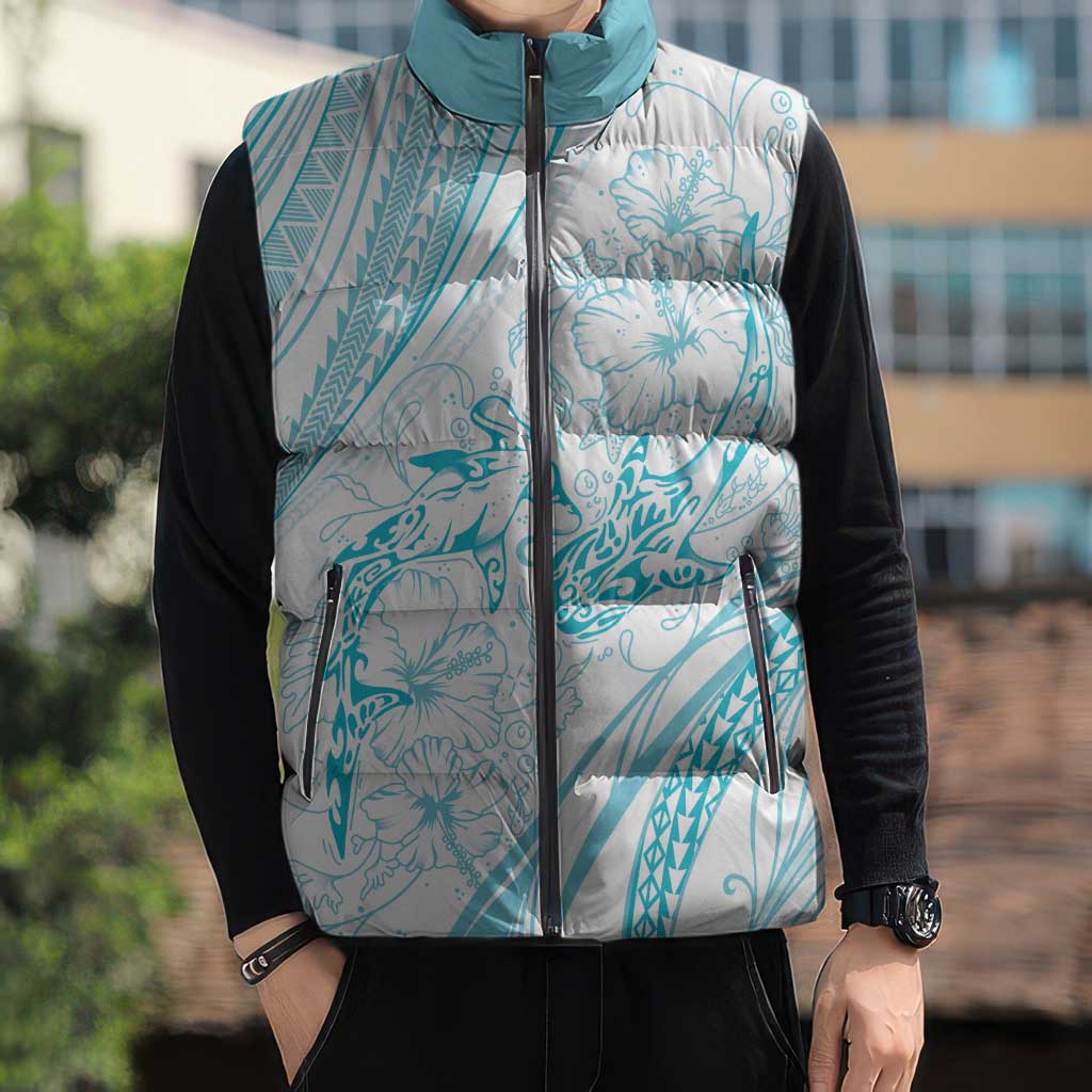 Sharks Couple Dreamy Polynesians Floral Sea Sleeveless Puffer Jacket Turquoise - Polynesian Pride