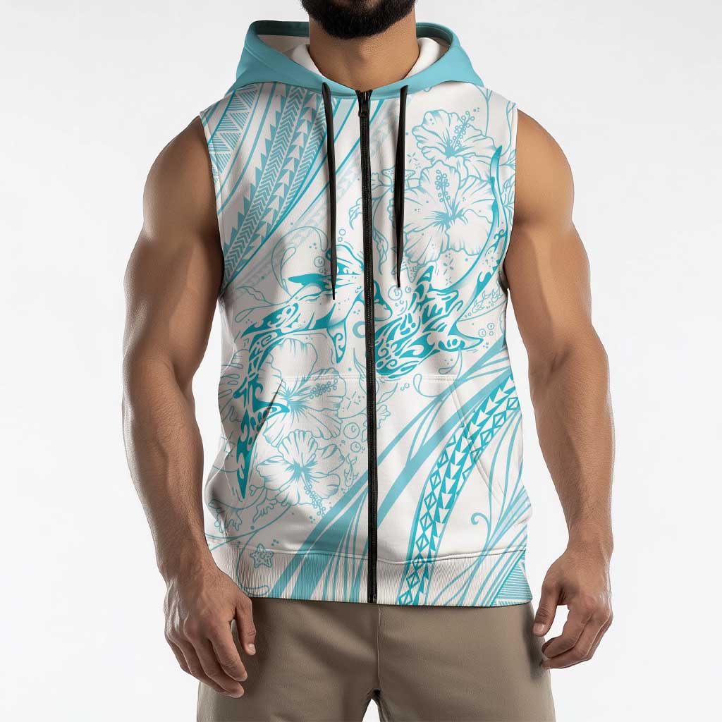 Sharks Couple Dreamy Polynesians Floral Sea Sleeveless Zip Hoodie Turquoise - Polynesian Pride
