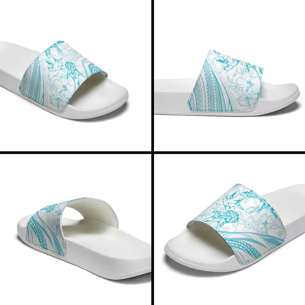 Sharks Couple Dreamy Polynesians Floral Sea Slide Sandals Turquoise - Polynesian Pride