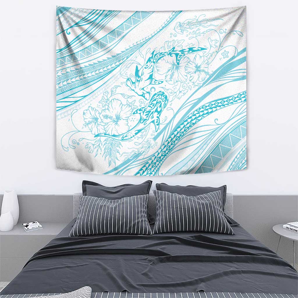 Sharks Couple Dreamy Polynesians Floral Sea Tapestry Turquoise - Polynesian Pride