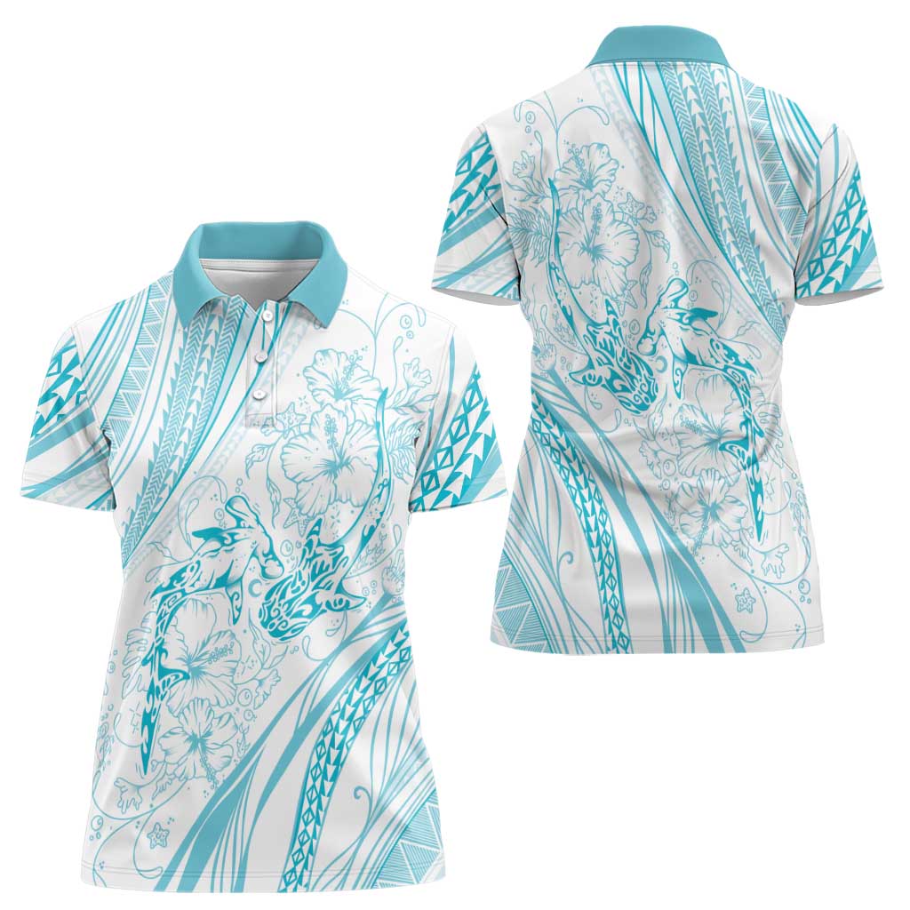 Sharks Couple Dreamy Polynesians Floral Sea Women Polo Shirt Turquoise - Polynesian Pride