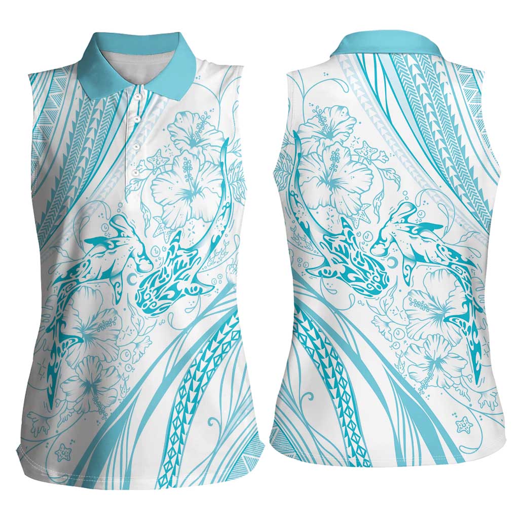 Sharks Couple Dreamy Polynesians Floral Sea Women Sleeveless Polo Shirt Turquoise LT7 - Polynesian Pride
