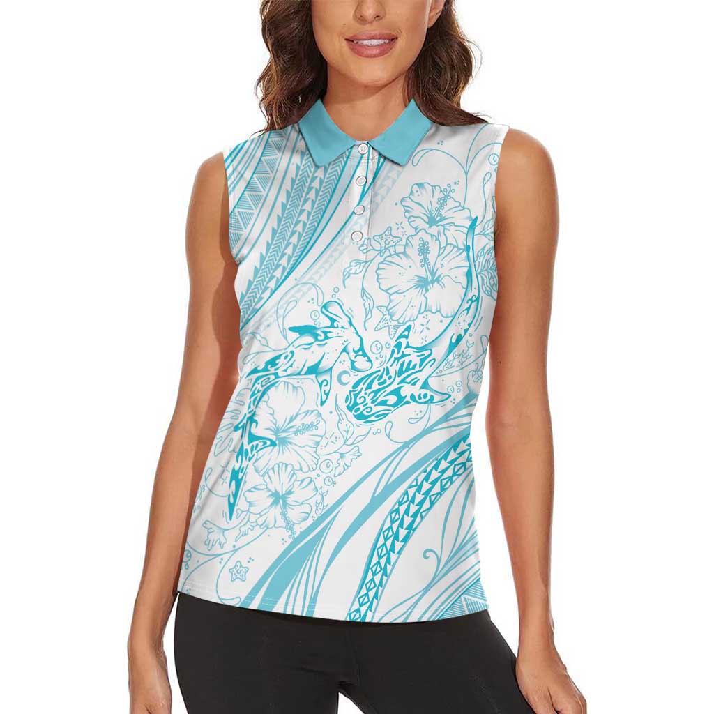 Sharks Couple Dreamy Polynesians Floral Sea Women Sleeveless Polo Shirt Turquoise LT7 - Polynesian Pride
