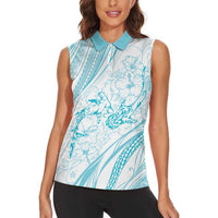 Sharks Couple Dreamy Polynesians Floral Sea Women Sleeveless Polo Shirt Turquoise LT7 - Polynesian Pride
