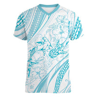 Sharks Couple Dreamy Polynesians Floral Sea Women V-Neck T-Shirt Turquoise - Polynesian Pride