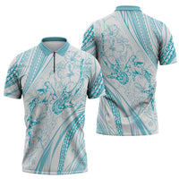 Sharks Couple Dreamy Polynesians Floral Sea Zipper Polo Shirt Turquoise - Polynesian Pride