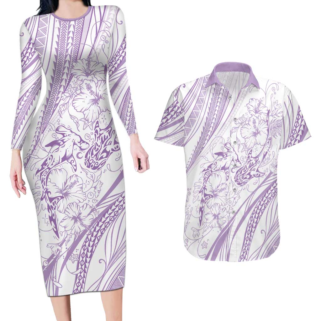 Sharks Couple Dreamy Polynesians Floral Sea Couples Matching Long Sleeve Bodycon Dress and Hawaiian Shirt Lilac LT7 Lilac - Polynesian Pride