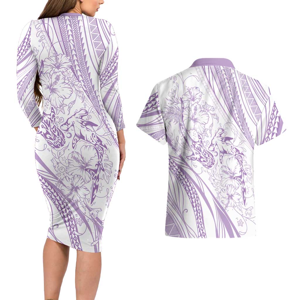 Sharks Couple Dreamy Polynesians Floral Sea Couples Matching Long Sleeve Bodycon Dress and Hawaiian Shirt Lilac LT7 - Polynesian Pride