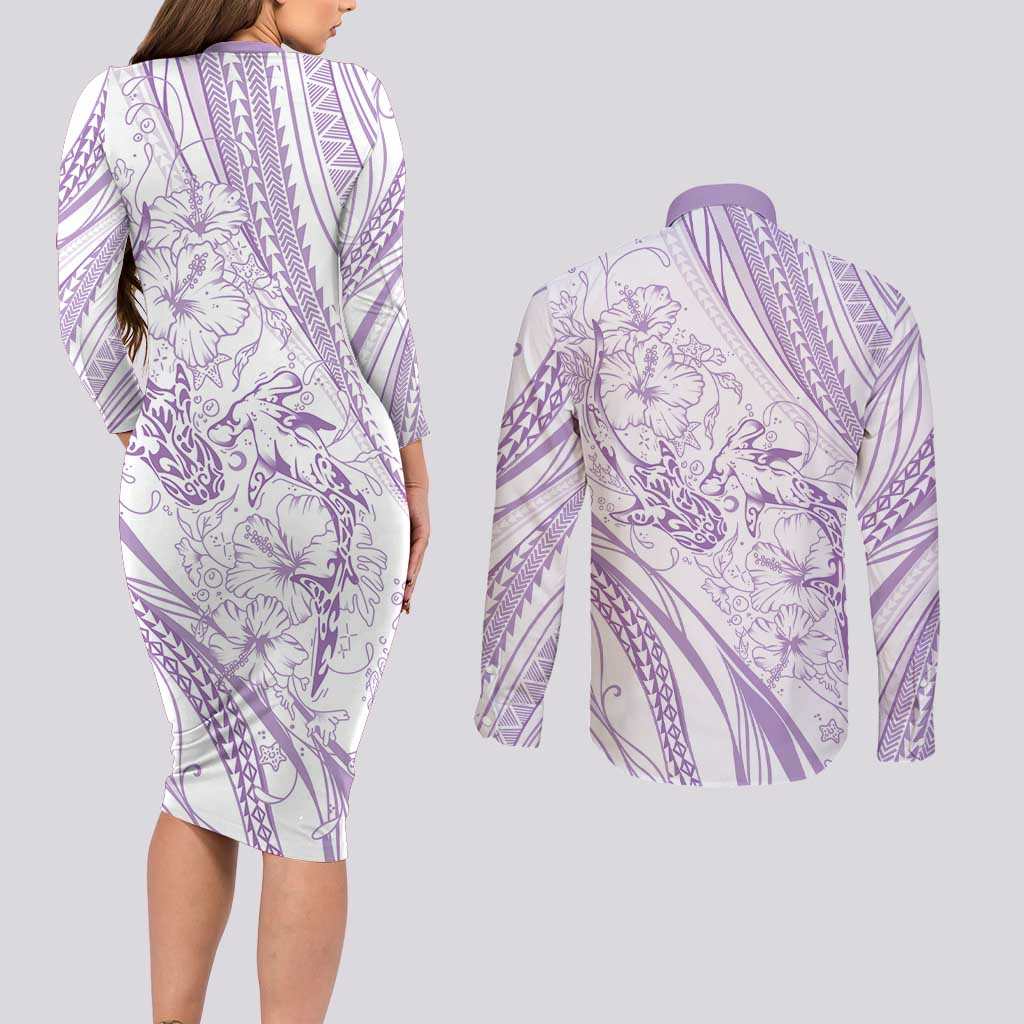 Sharks Couple Dreamy Polynesians Floral Sea Couples Matching Long Sleeve Bodycon Dress and Long Sleeve Button Shirt Lilac LT7 - Polynesian Pride