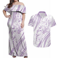 Sharks Couple Dreamy Polynesians Floral Sea Couples Matching Off Shoulder Maxi Dress and Hawaiian Shirt Lilac LT7 Lilac - Polynesian Pride