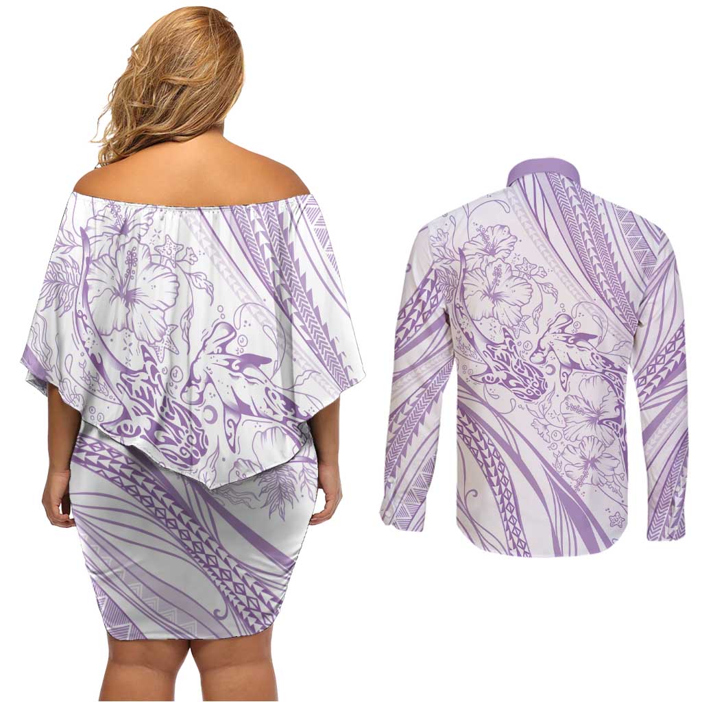 Sharks Couple Dreamy Polynesians Floral Sea Couples Matching Off Shoulder Short Dress and Long Sleeve Button Shirt Lilac - Polynesian Pride