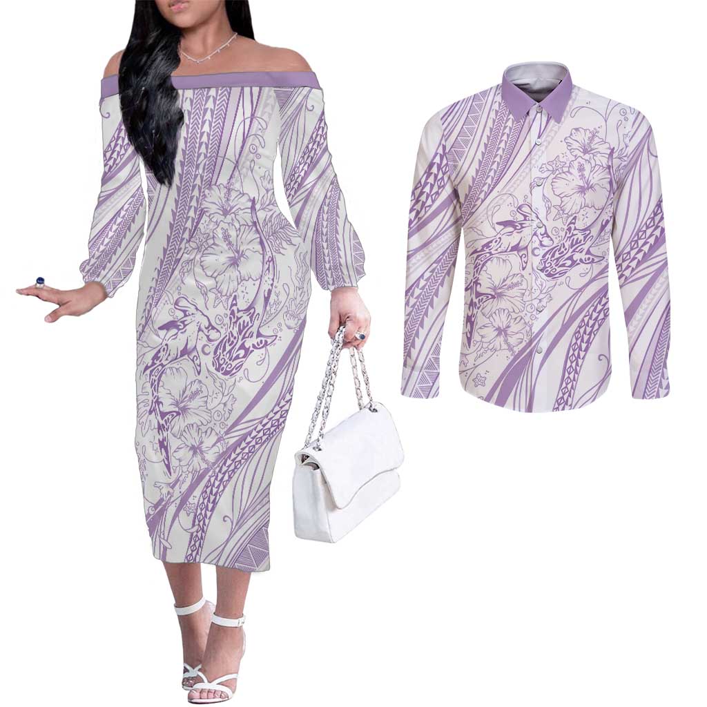 Sharks Couple Dreamy Polynesians Floral Sea Couples Matching Off The Shoulder Long Sleeve Dress and Long Sleeve Button Shirt Lilac LT7 Lilac - Polynesian Pride