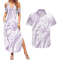 Sharks Couple Dreamy Polynesians Floral Sea Couples Matching Summer Maxi Dress and Hawaiian Shirt Lilac LT7 Lilac - Polynesian Pride
