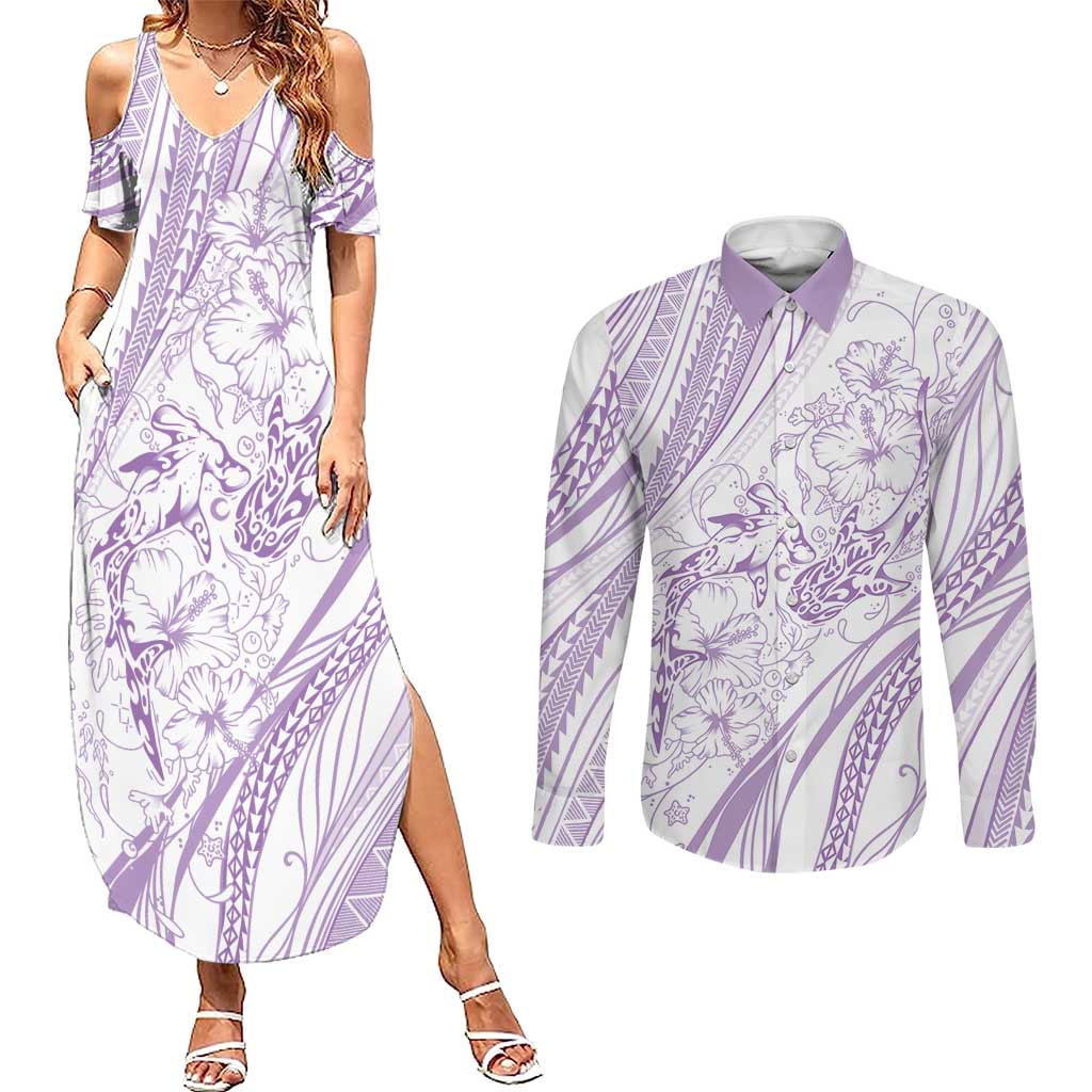 Sharks Couple Dreamy Polynesians Floral Sea Couples Matching Summer Maxi Dress and Long Sleeve Button Shirt Lilac - Polynesian Pride