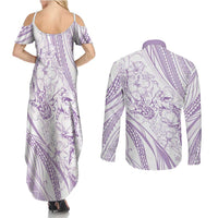 Sharks Couple Dreamy Polynesians Floral Sea Couples Matching Summer Maxi Dress and Long Sleeve Button Shirt Lilac - Polynesian Pride