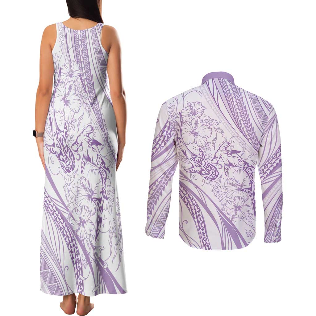 Sharks Couple Dreamy Polynesians Floral Sea Couples Matching Tank Maxi Dress and Long Sleeve Button Shirt Lilac LT7 - Polynesian Pride